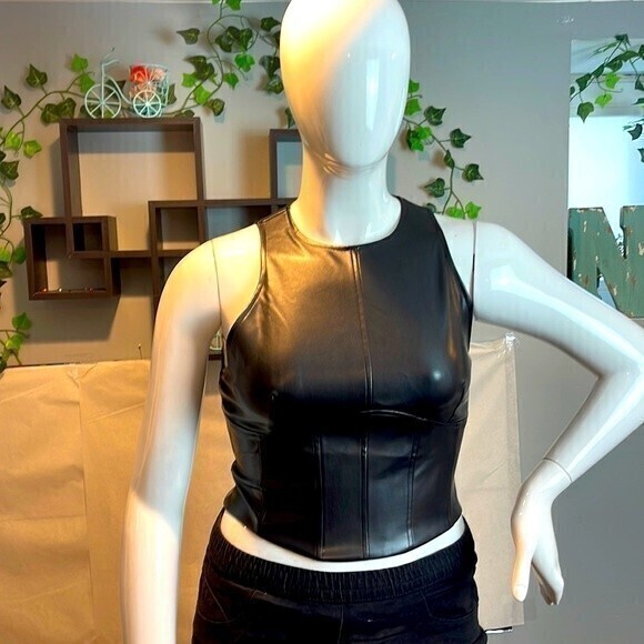 Sleeveless Corset Style Faux Leather Top Black Size M RefM100 - Picture 4 of 10